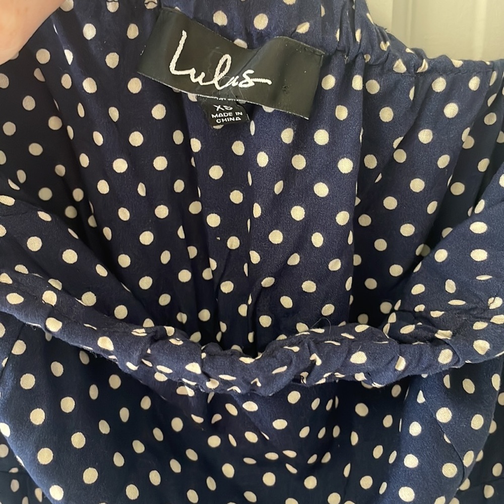 Lulus Dream Love Navy Blue Polka Dot Off-the-Shoulder Maxi Dress - Picture 9 of 10
